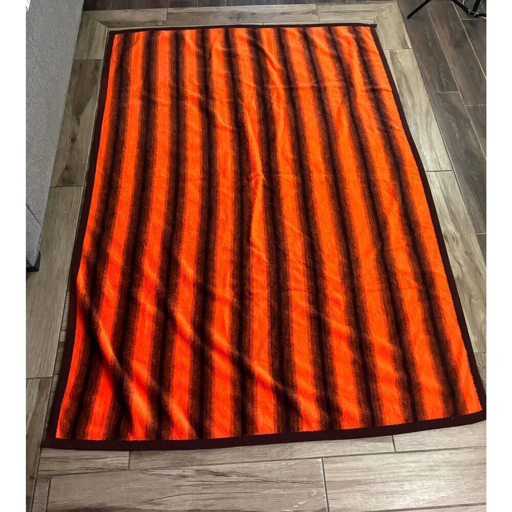 VTG Orange Black Striped Bedspread 1970s Retro 60x80 Burlington House Collection